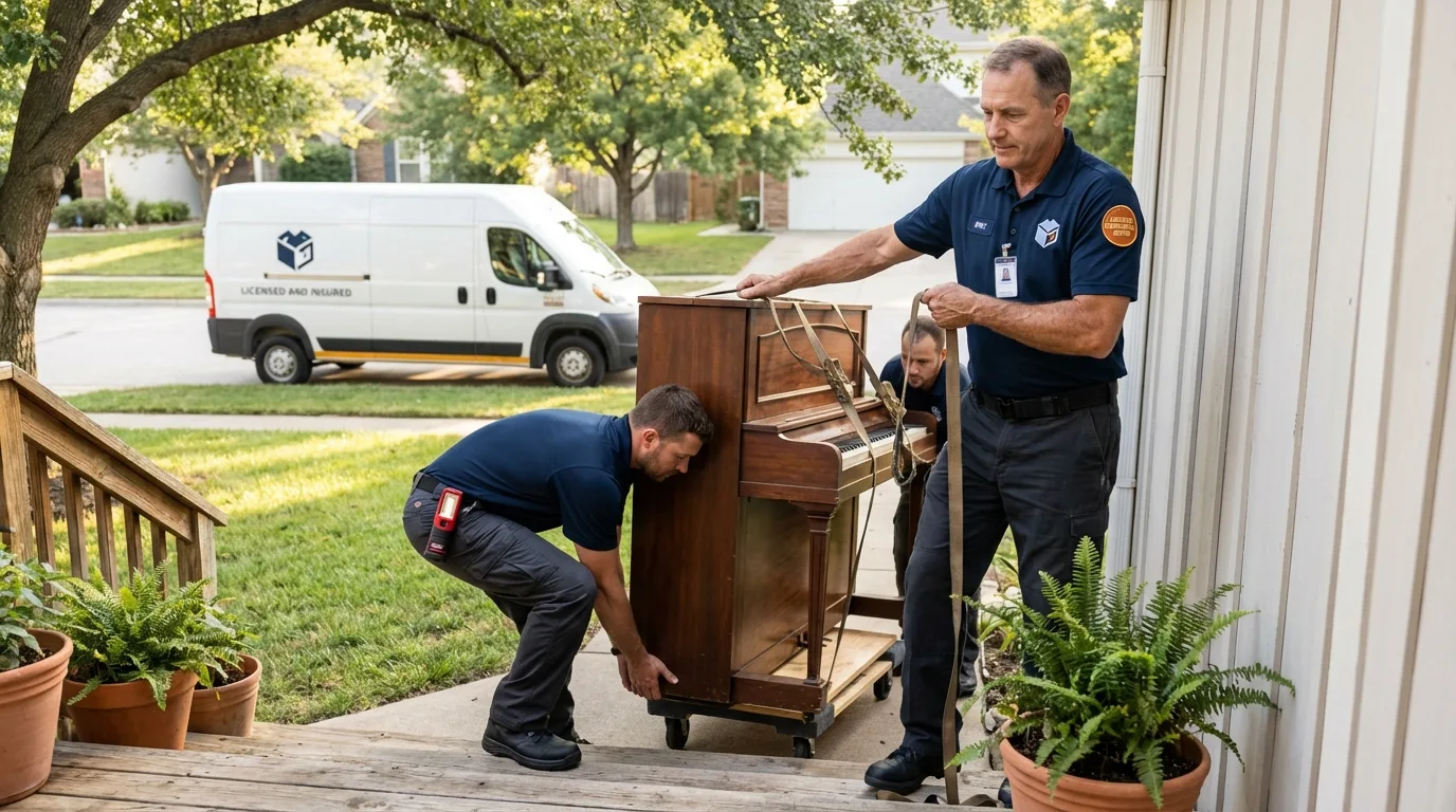 Licensed piano movers securing grand piano in Bethalto, IL